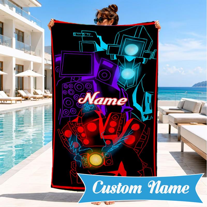 Custom Name Skibidi Future Adventure Heart In Space Adventure Microfiber Beach Towel, Lightweight for Summer Travel, Swimming Pool Fan Gift