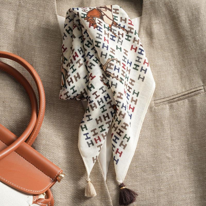Handmade high-end retro French gemstone silk scarf women's spring and autumn thin cotton and linen small square scarf scarf double-sided scarf
