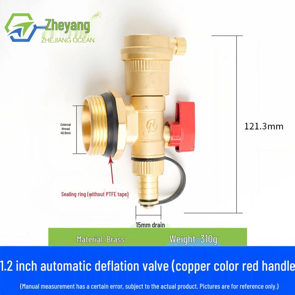 Automatic Brass Geothermal Manifold Air Vent and Water Drain Valve for Underfloor Heating, Large Flow, 1-1.2 inch Tailpiece