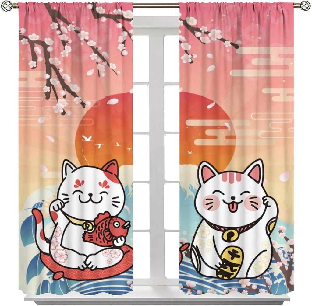 Moderne Japanische Vorhänge Glückskatze Berg Fuji Kirschblüten Traditionelles Muster Dekor Vorhänge für Schlafzimmer Wohnzimmer