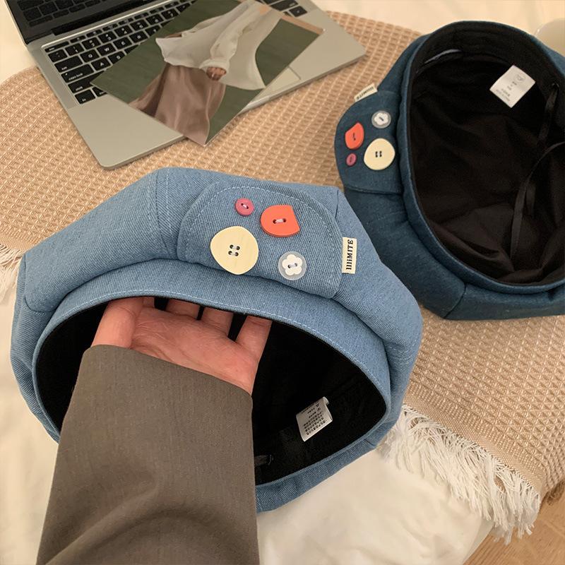 Spring And Summer Sweet Button Cowboy Beret Female Shows Small Face Big Head Circumference Painter Hat Literary And Artistic Versatile Octagonal Hat