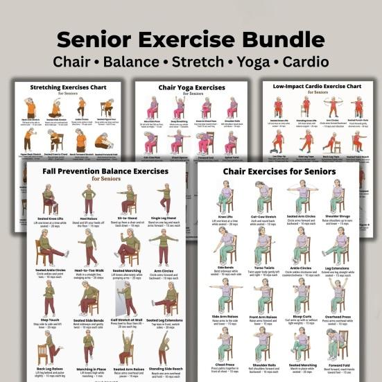5Pcs Chair Balance Stretch Yoga Exercise Poster Set for Seniors Low-Impact Home Workout Plan for Elderly Anti-Fall & Mobility Guide Fitness Wall Art