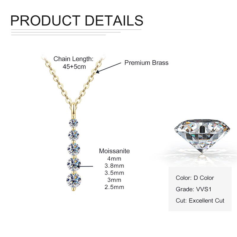 Rrjzz D Color Round Moissanite Pendant Necklace for Women 14K Gold Filled 5-Stone Lab Imitation Diamond Necklace GRA Certified