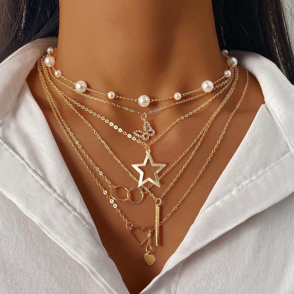 European and American Style Multi-layered, Niche Necklaces for Women Versatile Pearl Butterfly Heart-shaped Clavicle chain6Piece Suit