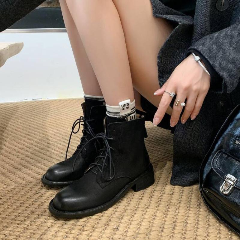 Autumn and winter leather knight boots rear zipper middle heel round head cowhide medium boots new thick-soled large-size women's leather boots