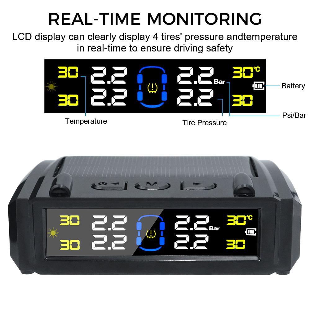Digital LCD Display Tire Pressure Monitoring System Temperature Warning USB / Solar Power Car TPMS 0-6Bar Waterproof
