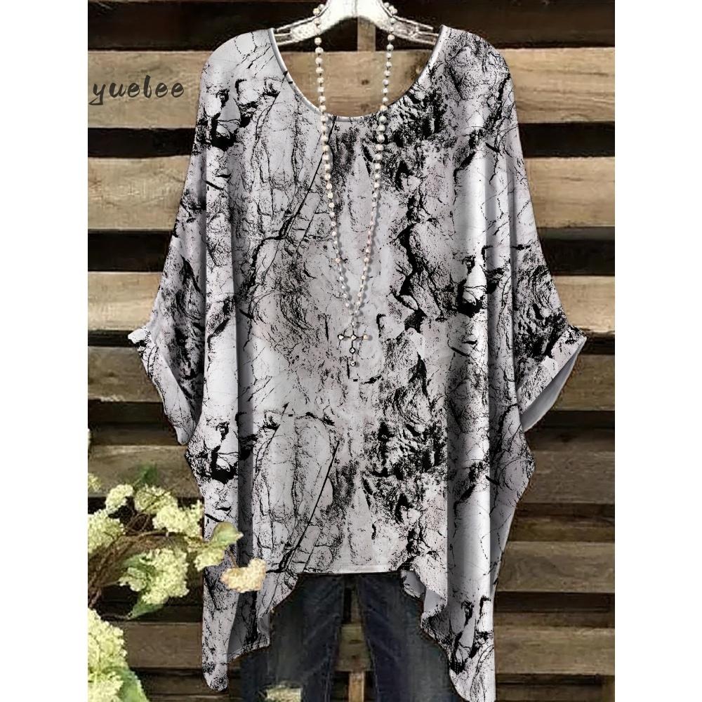 Tessuto Estivo Imitazione Denim Stampa Tie-Dye Orlo Irregolare Girocollo Manica Corta da Donna Abbigliamento Casual da Esterno da Donna