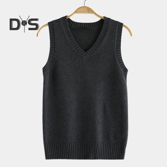 Dámská pletací vesta s výstřihem do V bez rukávů Žebrovaný lem Jednobarevné vestové topy podzimní zima úplety volného střihu