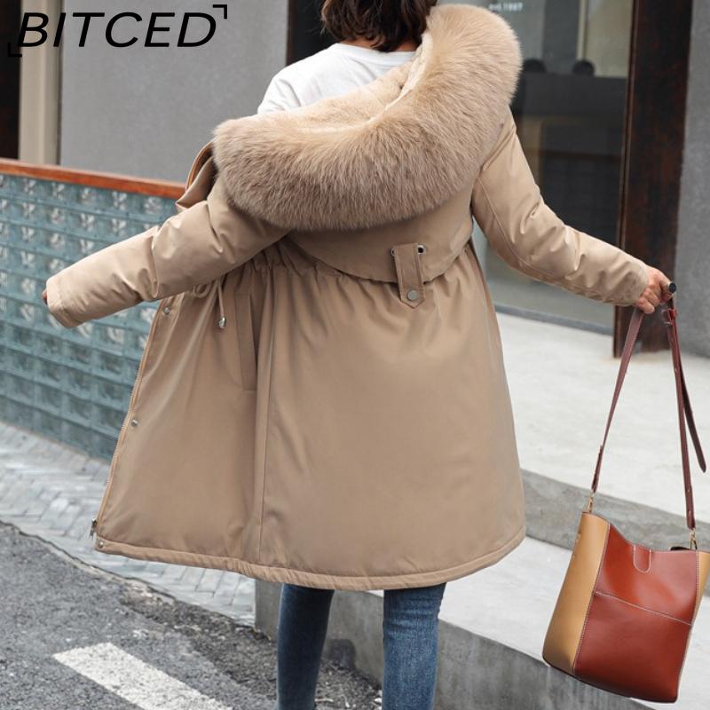 BITCED Winter Women's Mid-Length Cotton Coat with Large Fur Collar and Fleece Lining