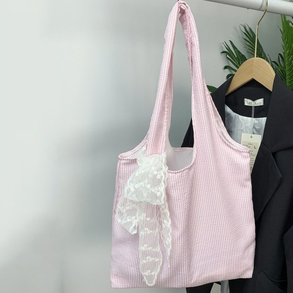 Canvas Striped Shoulder Bag Literary Style Large Capacity Underarm Bag Canvas Hobo Bag  Shopping