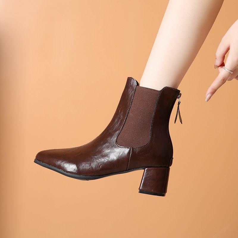 

Темпераментные ретро ботильоны на толстом каблуке с острым носком, женские, новые осенние 2025 года, тонкие плиссированные короткие челси 41