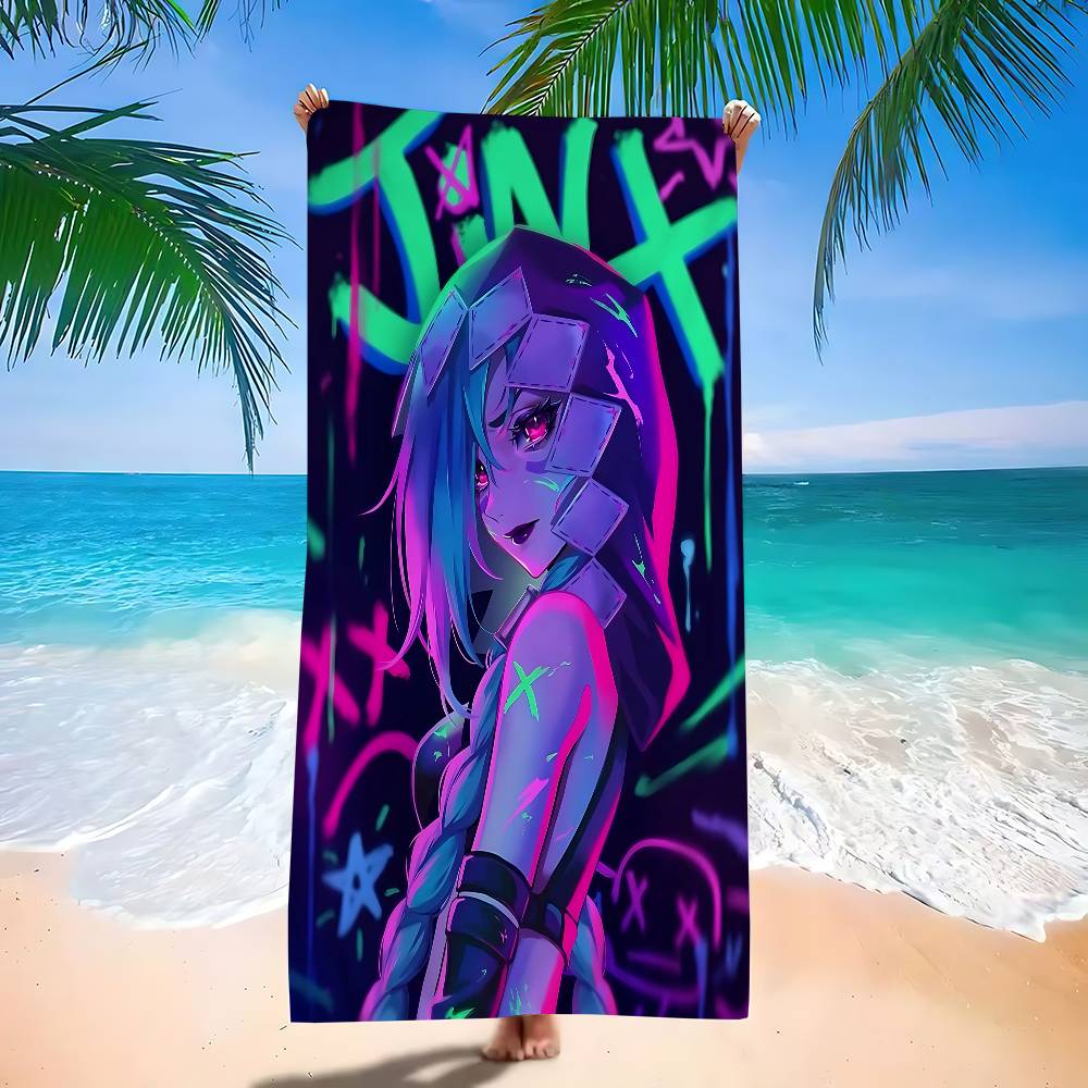 Cartoon Anime Game Arcane J-Jinx Main Art Bath Towel Microfiber Soft Water Absorbing Breathable For Kids Cartoon Beach Towel
