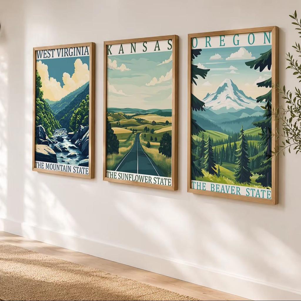 USA State Vintage Wall Art, Retro Landscape Canvas Painting, American Natural Scenery Poster Prints for Living Room Home Decor
