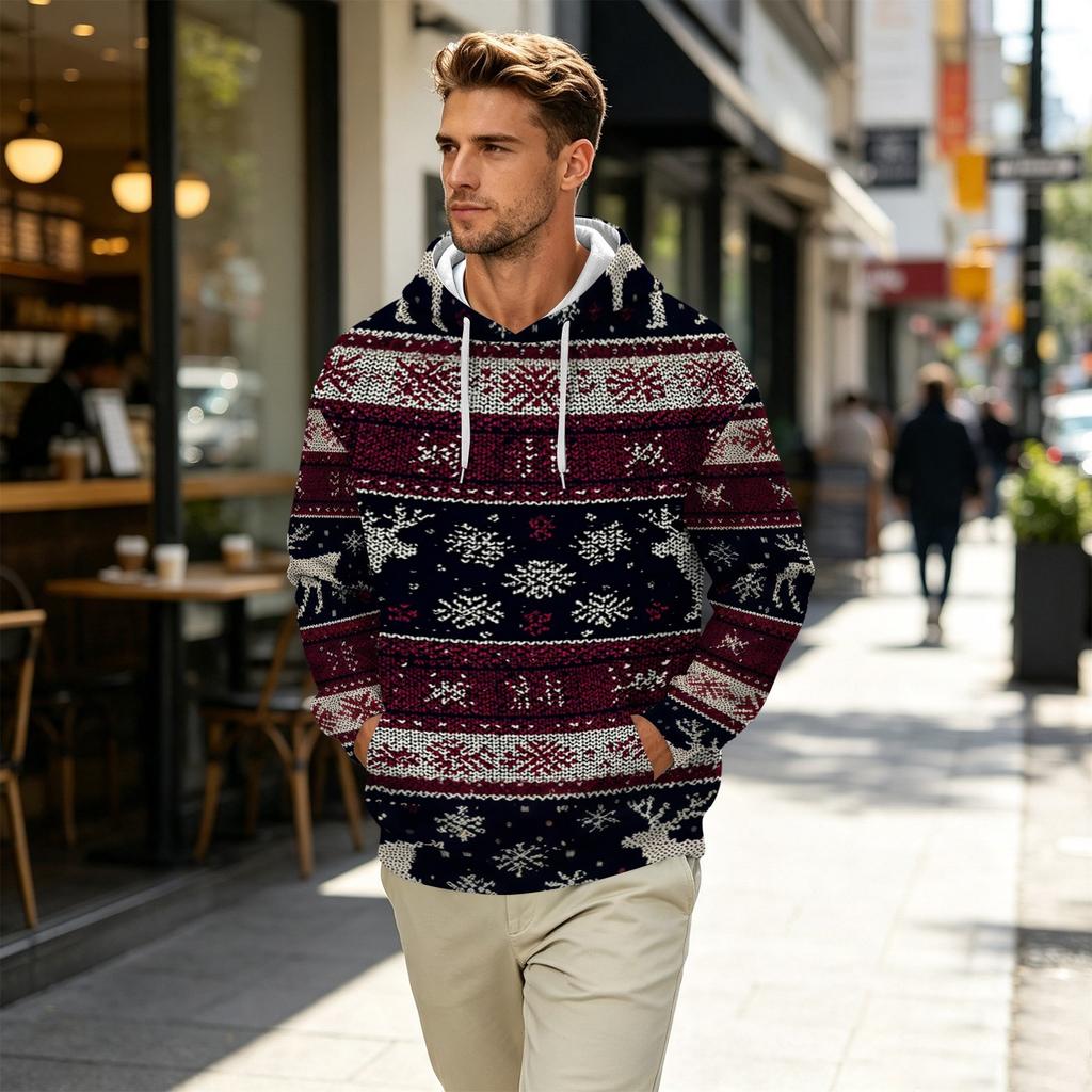 Men's Long Sleeve Hooded Sweatshirt with Christmas Print for Casual Holiday Wear