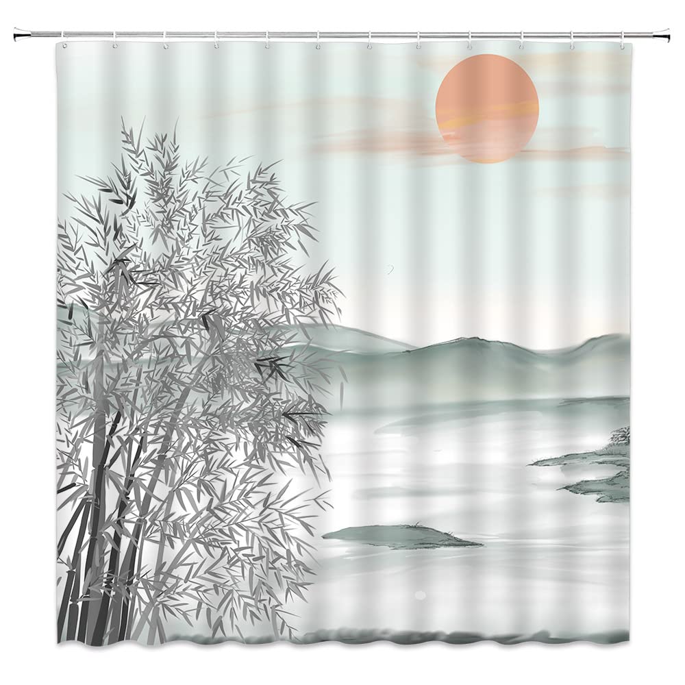 

Пейзаж Душевая занавеска Весенний розовый цветок и павильон Пейзаж на озере Китайский стиль Декор для ванной комнаты Подвесная занавеска с крючками W90xH180cm