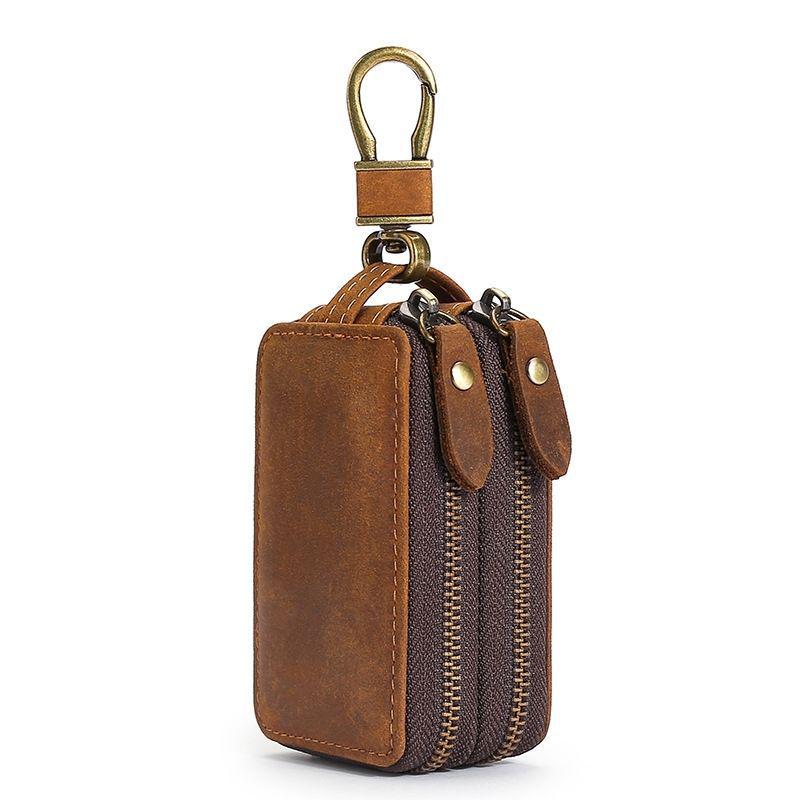 Universal Retro Crazy Horse Leather Key Case, Large Capacity Double Layer for Car & Home Keys