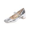 Sheepskin not tired feet single shoes square head rhinestone one-word buckle medium thick heel Mary Jane shoes women's high heel ballet shoes