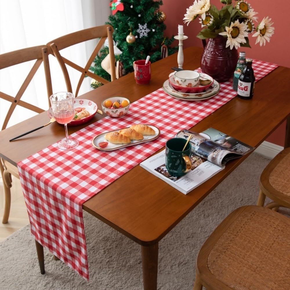 Home Linen Gingham Check Table Runner Cotton&Line Red Burgundy Checkered Table Runner Kitchen Dining Table Decoration Cover Perfect for Home Kitchen