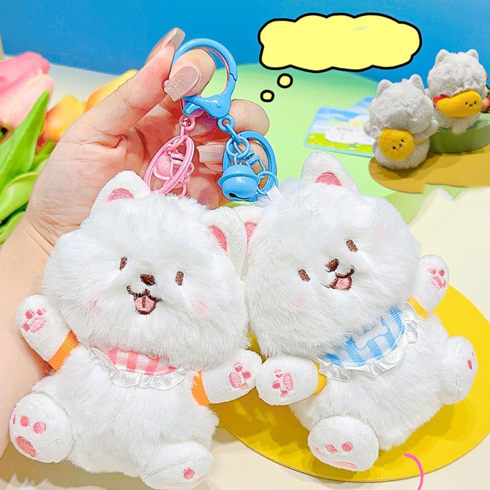 Cartoon Stuffed Animal Doll Keychain Fluffy Doll Squeaky White Dog Pendant  Backpack Decor