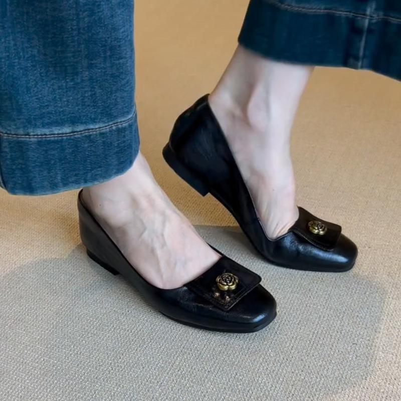 Sheep Pattern Version~ Retro Camellia Simple One-pedal Mary Jane Shoes Women's Shallow Mouth Leather Flat-soled Single Shoes