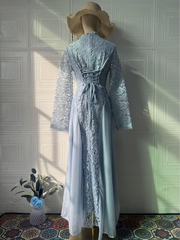 Women's European-American Style Waist-Cinched Long Sleeve Retro Dress, Soft and Elegant for Summer 2025