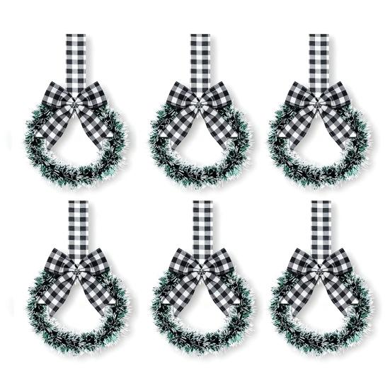 Mini Christmas Cabinet Wreaths 5.1 Inch Small Kitchen Xmas Decor with Red Ribbon Bow Plastic Rattan Fabric Window Door Office Holiday Decoration