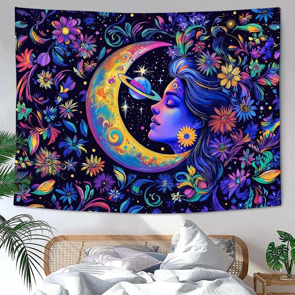 VIKAMA Tapiz Sol Luna Dormitorio Hippie Bohemio Flor Tapiz de Pared Flor Retro Plantas Espíritu Celestial Gran Tapiz