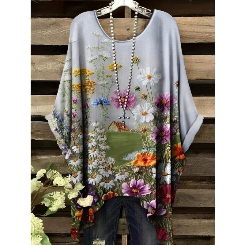 Printed Plus Size Short Sleeved Shirt with Plant Flower Pattern Printed T-shirt, Fashionable and Casual Plus Size Clothing