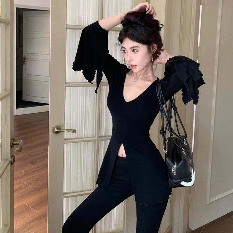 Women's V-Neck Bell Sleeve Slim Fit Slit Top - Autumn Versatile Design