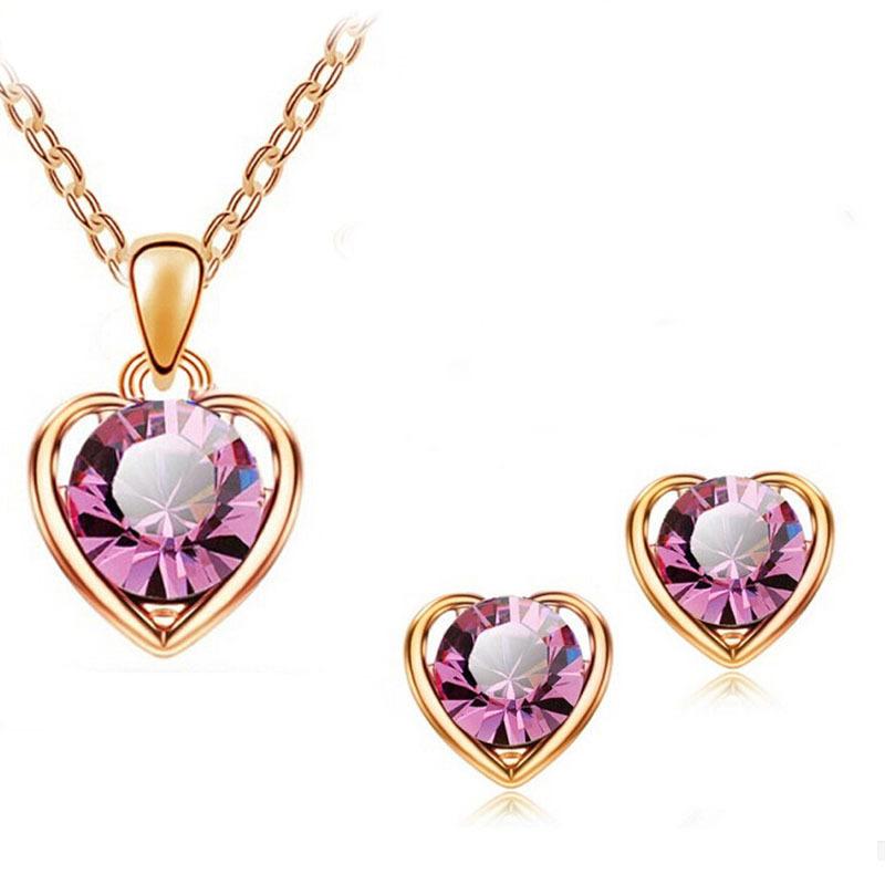 Fashion Versatile Fashion OL Simple Crystal Heart Necklace Stud Earrings
