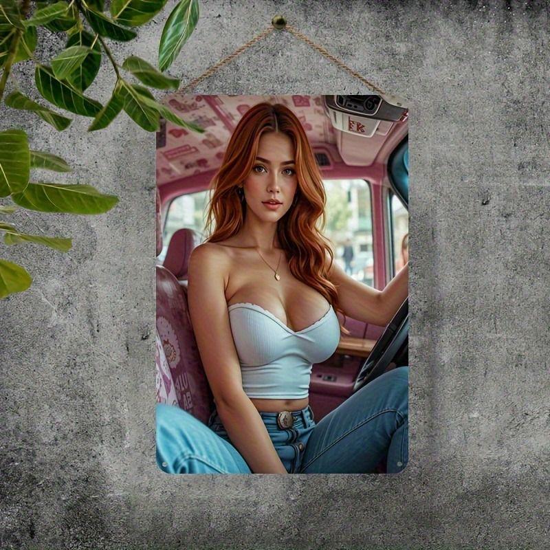 Vintage Metal Sign Art, Sexy Lady Garage Decor, Bar Bedroom Wall Tin Poster
