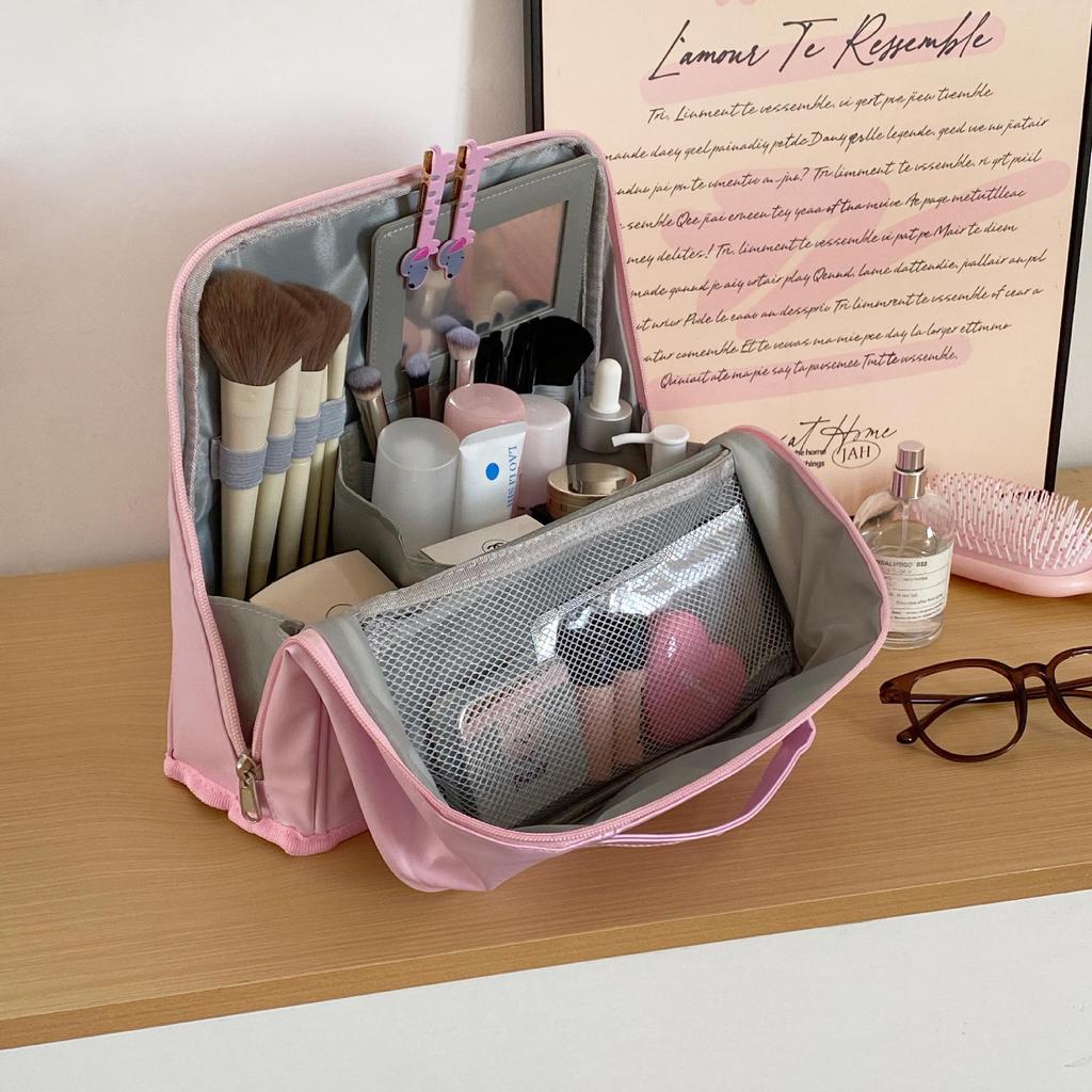 Portable Large Capacity Makeup Bag with Mirror, Hangable on Suitcase, Compartmentalized Cosmetic Storage Pouch.