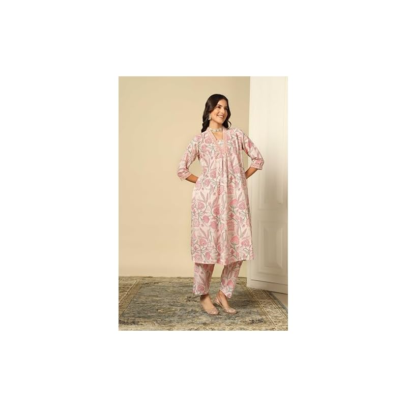 GRECIILOOKS Women SEMI Cotton Alia Cut Regular Fit Kurta Set (Off White, Small) M