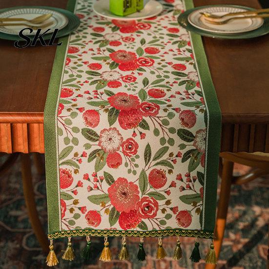 Elegant Dining Table Decor Jacquard Floral Runner, Vintage Peony Farmhouse Runner with Tassels for Home Wedding Party Tassel Edge