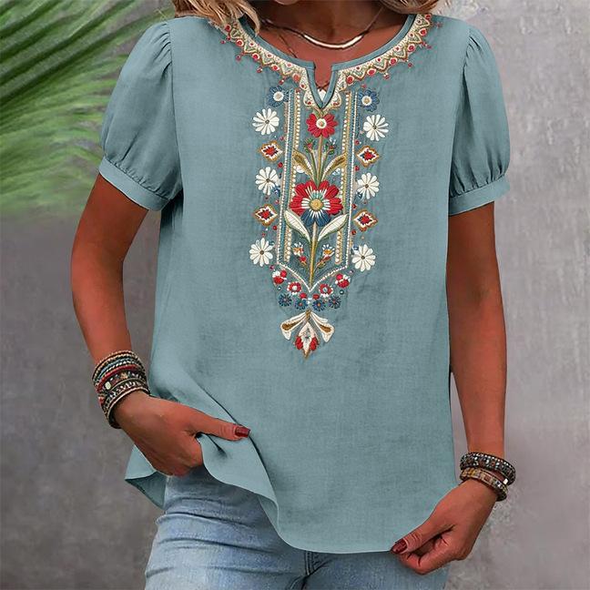 Women's Fashionable Oversized Embroidered V-Neck Short-Sleeve Shirt Casual Top