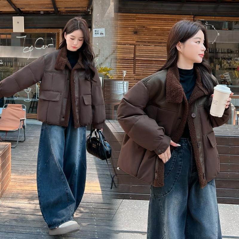 Women's Short Lamb Wool Coat Winter Thickened Jacket Loose Retro Stand Collar Top