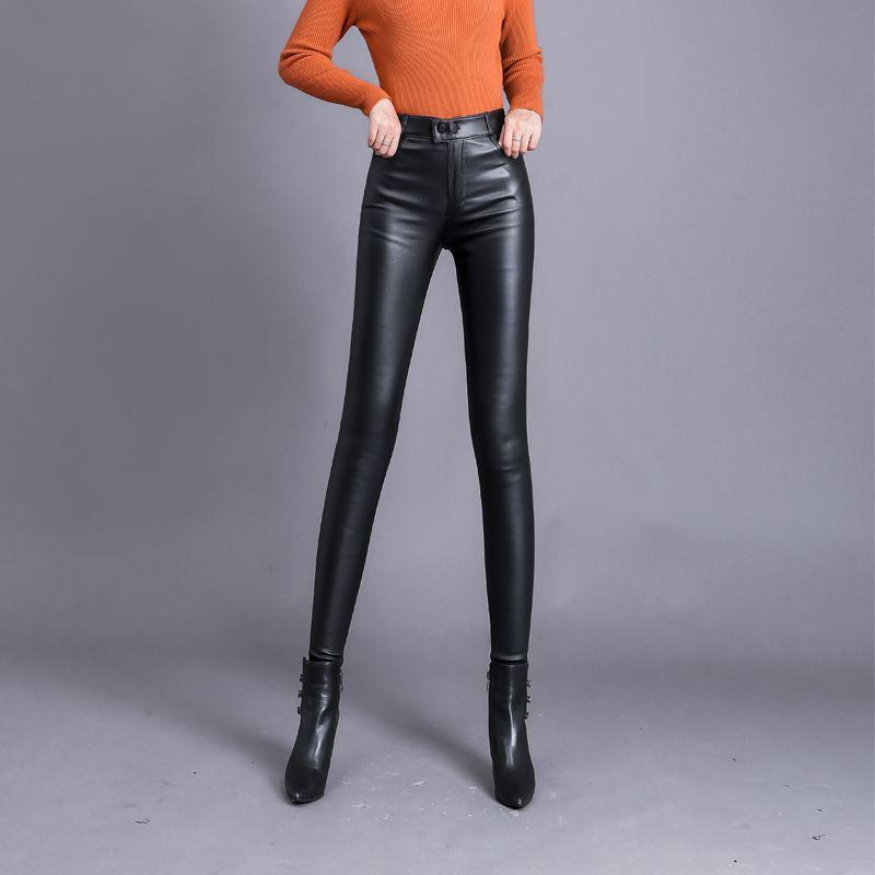 2023 Women's High Waist Leather Base Layer Pants - Autumn/Winter Korean Style, Slimming & Thickened
