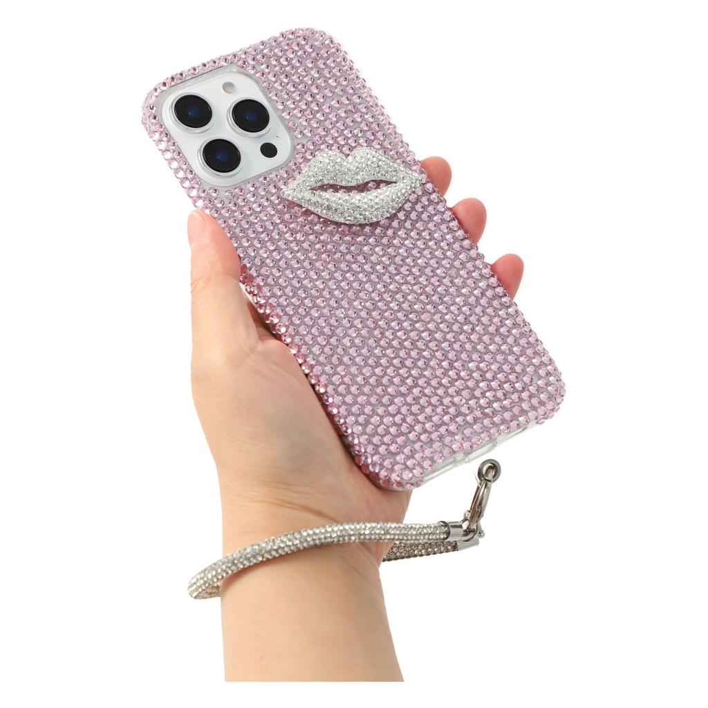 For iPhone 16 Pro Max Case with Strap Full Rhinestone Lip Decor TPU+PC Phone Back Cover