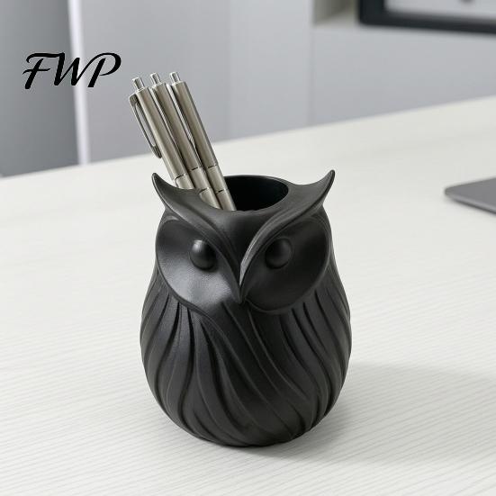 Black And White Pen Cup 3D Printed Owl Holder, 2 in 1 Flower Vase Student Desk Organizer Organizer, Cute Plastic Makeup Brush Home Office Decor