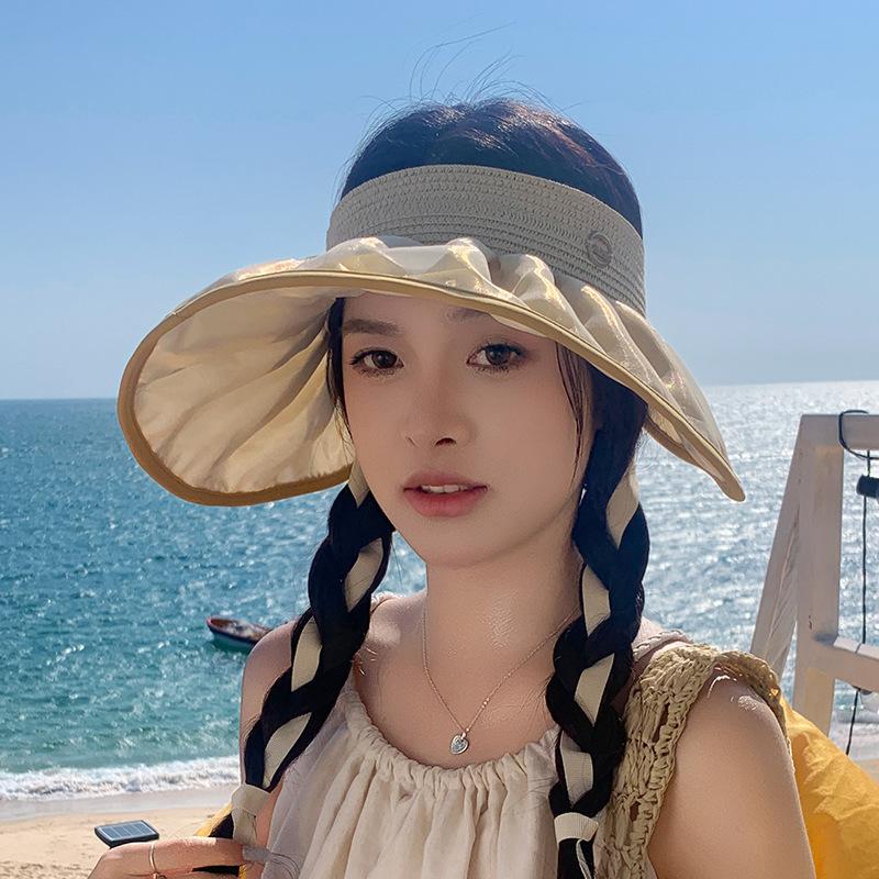 2025 New Big Brim Shell Visor Double-sided Straw Bucket Hat Summer Meal Ultraviolet Empty Top Hat