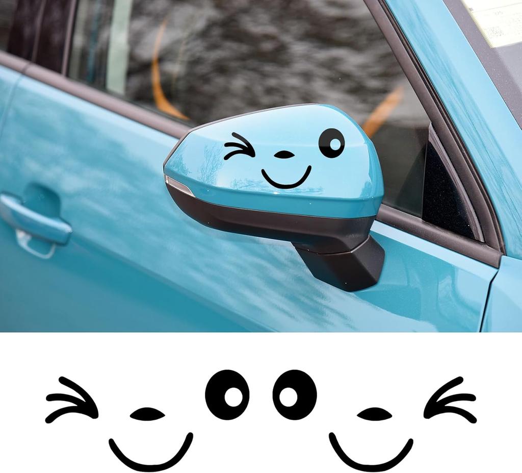 1 Pair Cute Smiling Face 3D Decal Stickers Car Side L+R, Rearview Mirror Stickers, Suitable for All Cars Black