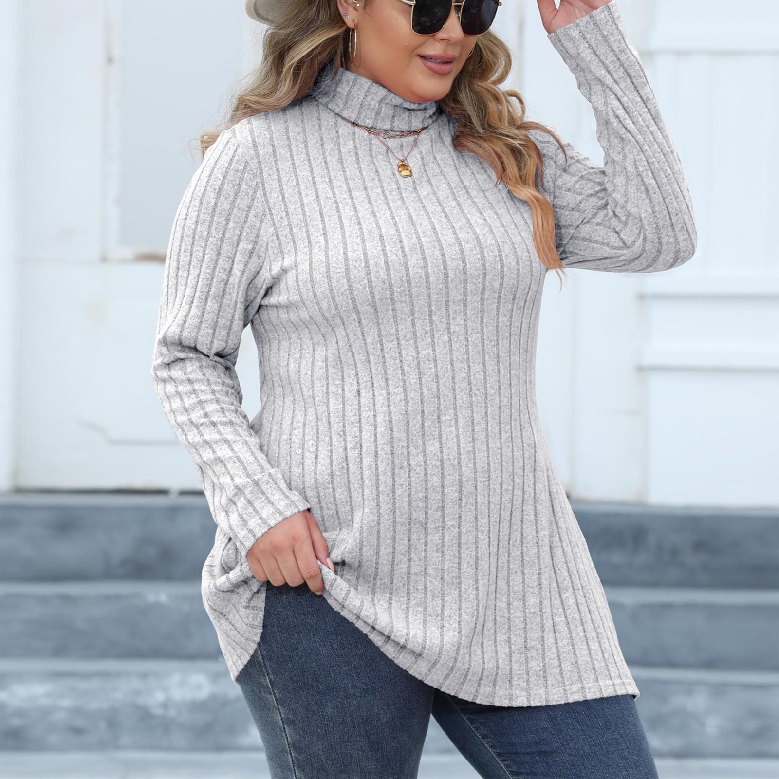 

Women s Plus Size Women s High Neck Slim Fit Base Shirt With Stripes And Split Mid Length T-shirt XL