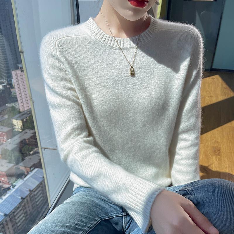 Women's Genuine Cashmere Seven-Gauge Thick Saddle Shoulder Round Neck Loose Solid Color Knit Sweater Base Layer