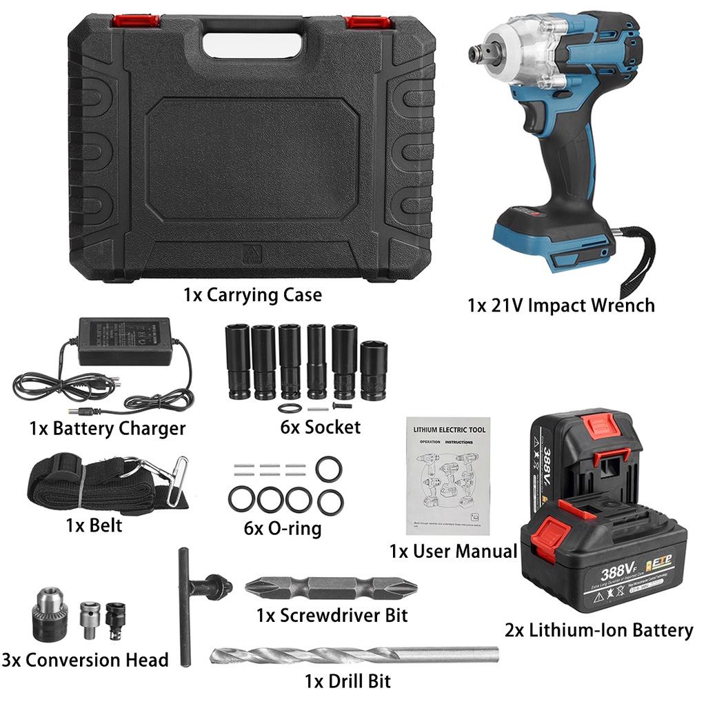 21V 520Nm Torque Rechargeable Cordless Brushless Electric Impact Wrench with 2 Battery Power Tools 1/2" Electric Wrench