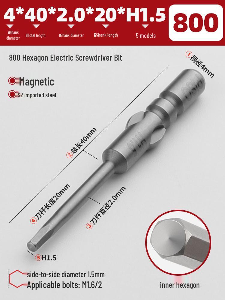 Magnetic 4mm Electric Screwdriver Bit with 800 Internal Hexagon, 5-Star Slotted, and Triangular Bit, 3C