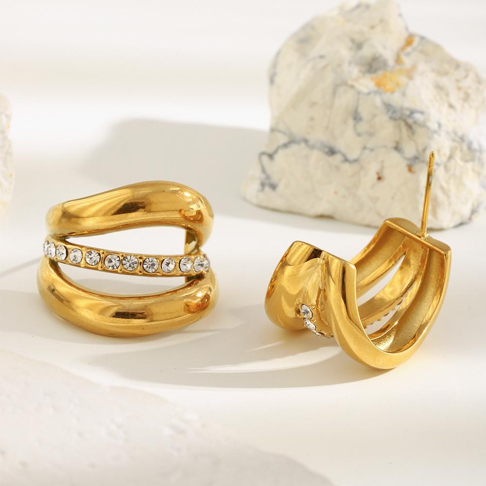 MamacitaSlay 316L Stainless Steel Zircon C Shaped Ring Party Waterproof Jewelry Women's 18K Gold Plated Statement Earrings Gift