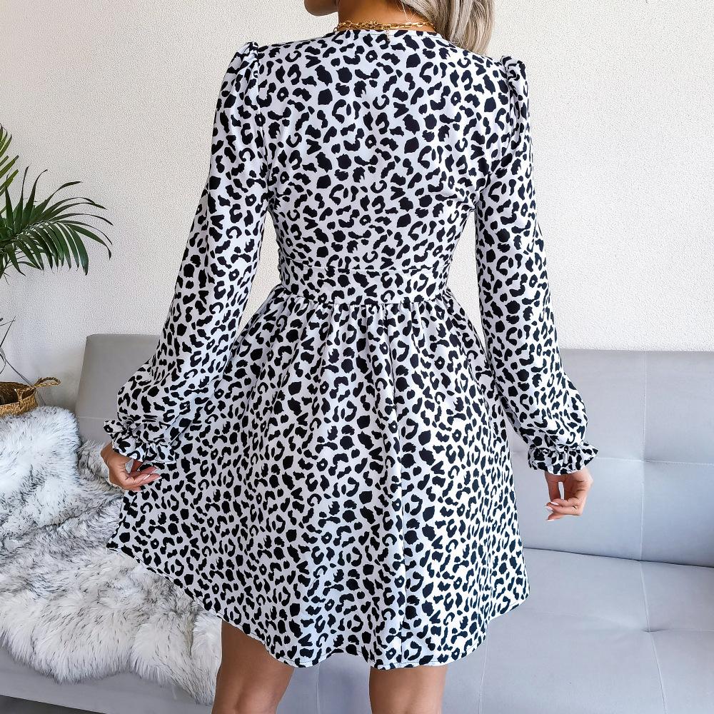 MAITA jaro léto nové sexy leopardí výstřih do V s dlouhým rukávem liniové elegantní šaty S-XL