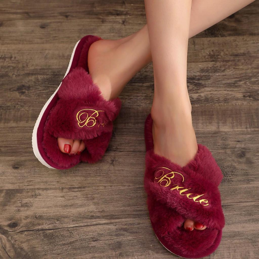 Women's Embroidered Plush Open-Toe Non-Slip Slippers for Indoor Use - Perfect for Spring/Autumn
