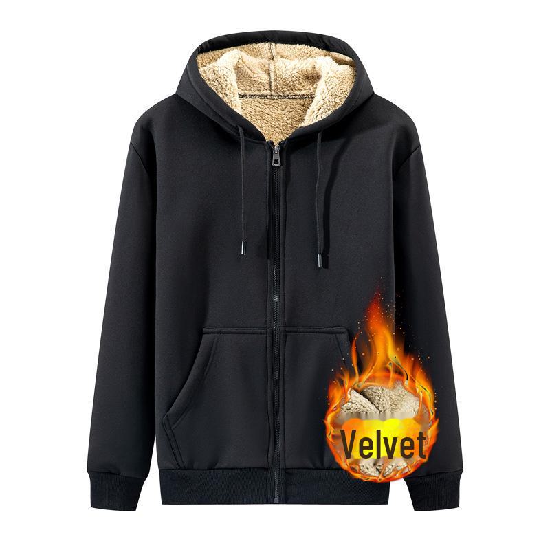 Lambskin Hooded Zipper Sweater: Men's Warm & Versatile Autumn/Winter Cardigan with Plus Velvet Thickening.