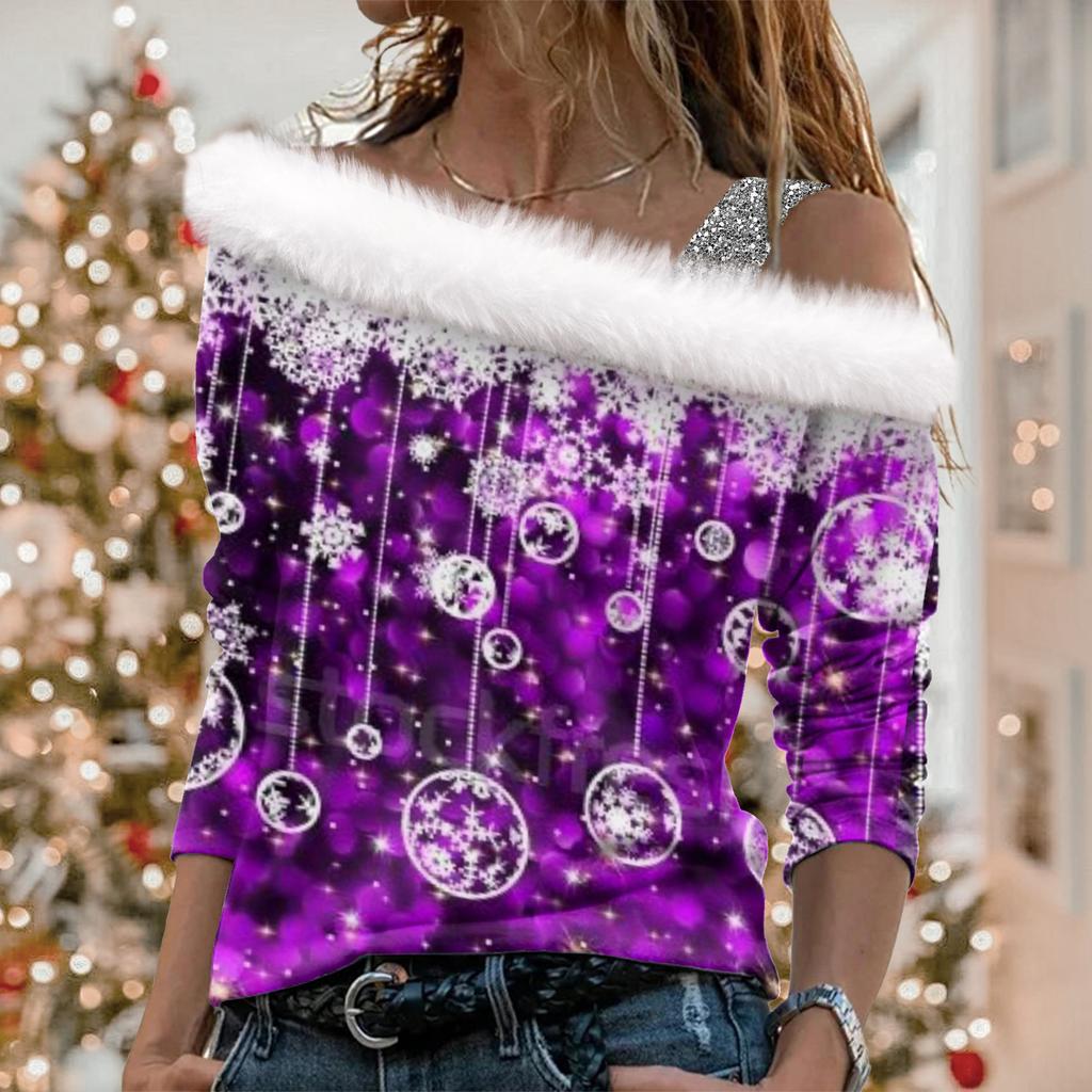 Women's Off Shoulder Furry Trim Long Sleeve T-Shirt Christmas Glitter Star 3D Print Elegant Winter Casual Top